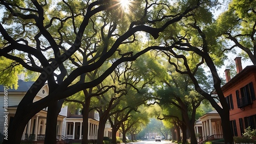 antebellum. Historic southern homes under ancient oak trees in a district. real-estate listings, architecture portfolios, designed for real-estate listing and luxury residence showcases.