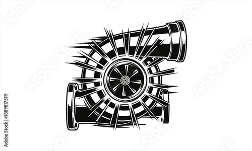 Turbocharger in motion with speed lines, black and white illustration.