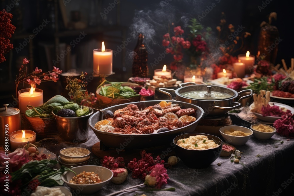 Obraz premium Appetizing seafood boil pot with assorted dishes and steaming soup on a candlelit rustic table