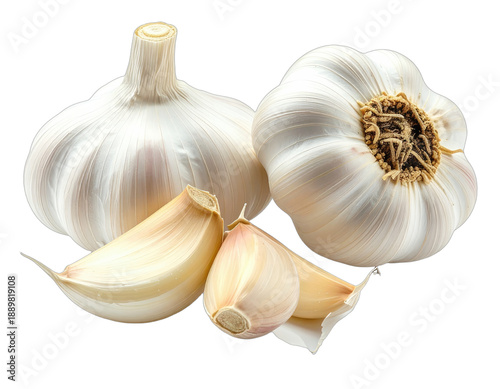 Close-up of whole garlic bulbs and cloves, isolated against black