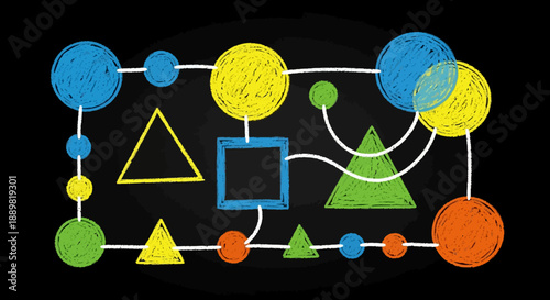Abstract geometric shapes network colorful sketch on black background represents connection