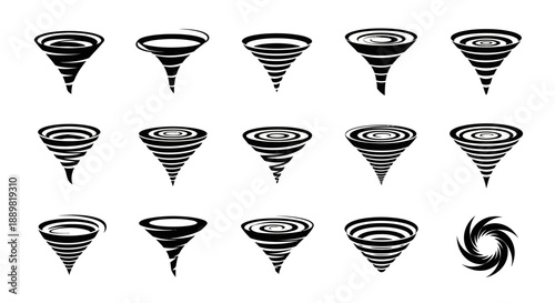 Assorted tornado silhouettes, a collection of stylized wind vortexes in black and white, offering