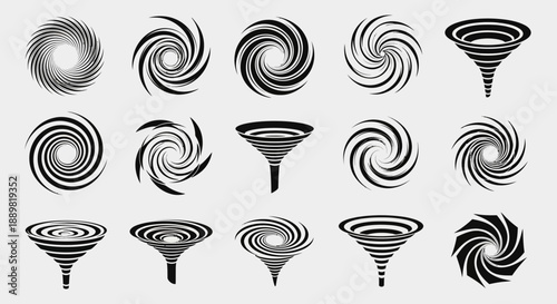 Collection of abstract spiral and funnel shapes with textured brush stroke effect illustration