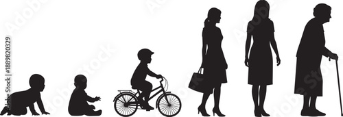 Set of black silhouettes showing female aging process from baby and child on bicycle to adult woman and senior lady with walking cane isolated.Set of black