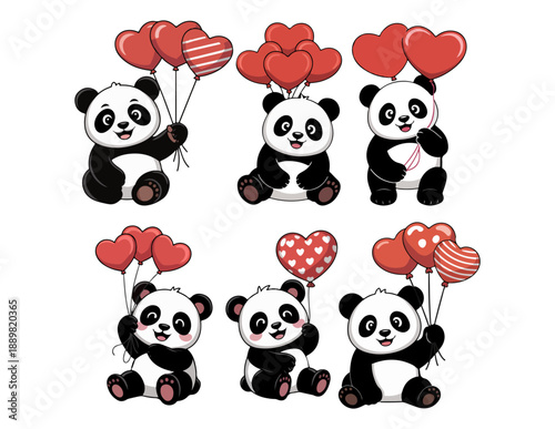 Adorable pandas with heart balloons isolated on white background