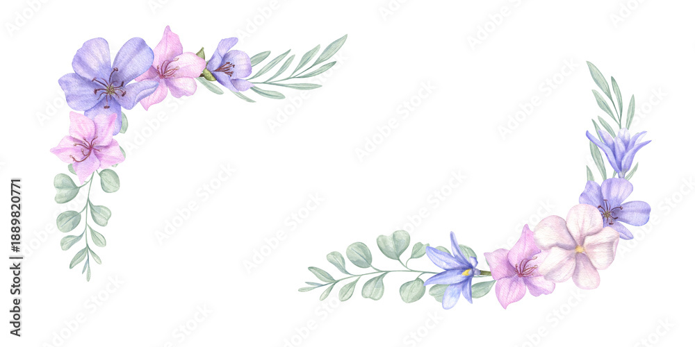 Fototapeta premium Watercolor spring flowers, foliage rectangle border on isolated background. Delicate flower, leaves in pastel colors. Floral illustration with copy space for text. Valentine day greeting cards.