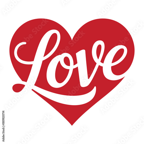 A red heart with the word Love written in white cursive font on a white background