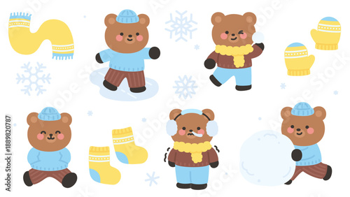 Winter Bear Character Outfit Set with Cute Poses and Cold Weather Clothing