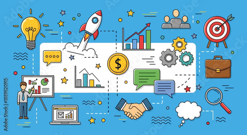 Depiction of strategic business startup planning and financial achievement with growth visualization