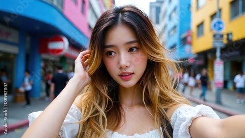 Free Download Young asian female in urban street with colorful buildings - GFXLoad