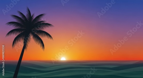 Tropical Sunset with Palm Tree. Concept featuring sunset, tropical, palm tree, silhouette, beach.