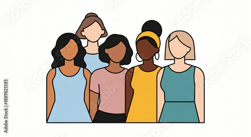 A fun vector illustration of a diverse group of fashion friends and family including women and children in beach dress enjoying a sunny day