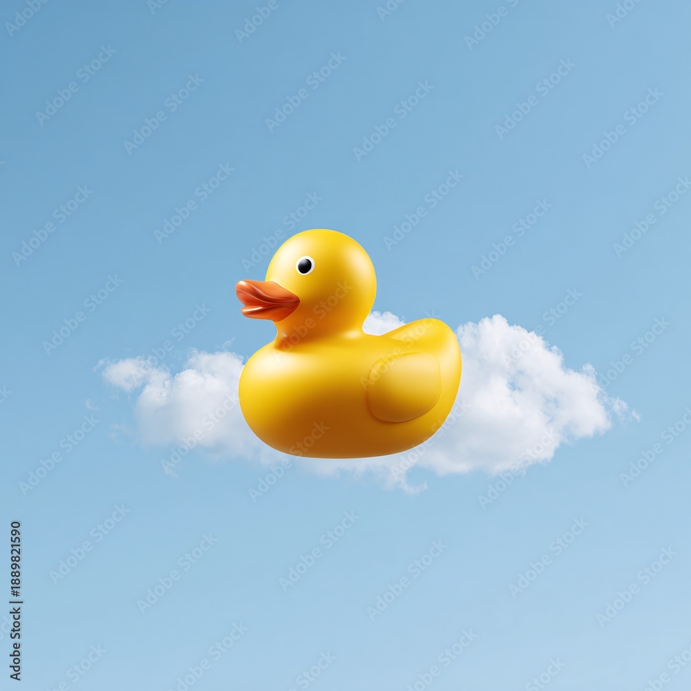 Fototapeta premium Rubber duck floating in empty sky instead of water, playful surreal concept, copy space