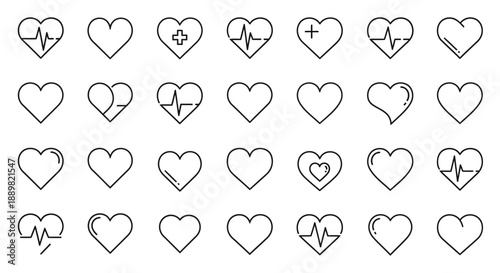Collection of unique heart icons representing health, love, and medical themes, available as vectors