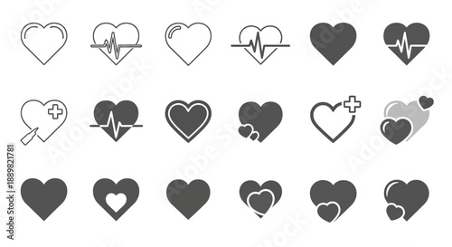 Collection of heart icons in varied styles showcasing love health and medical concepts perfect for