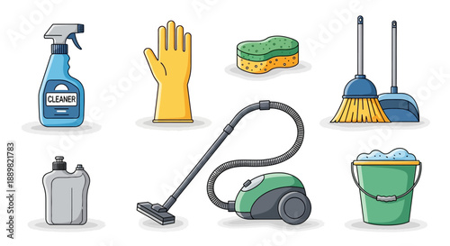 Illustrated set of cleaning supplies tools for maintaining hygiene in household chores for