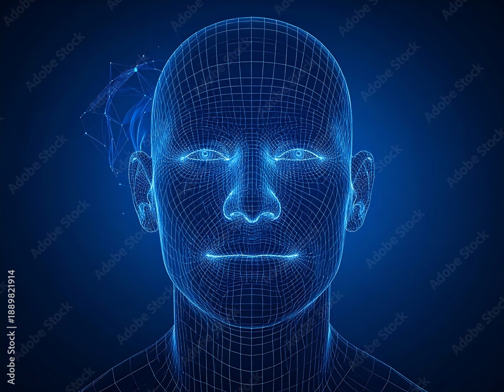 Obraz premium A blue wireframe human head with glowing lines on a dark background