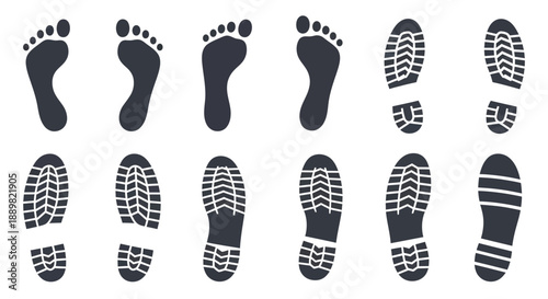 Silhouettes of footprints and shoe prints offering a concept of travel and choices forward movement