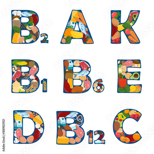 Food vitamins set vector isolated. Illustration of healthy food, rich of vitamin A, K, D, B12. Concept of organic diet, healthy nutrition.