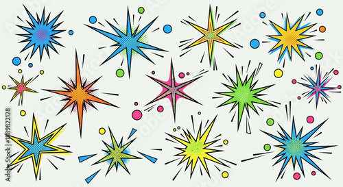 Colorful Starbursts and Confetti Background, Celebration Elements