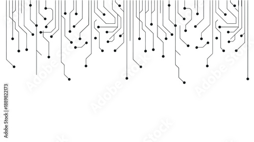 Abstract circuit board pattern with black lines and nodes on a white background