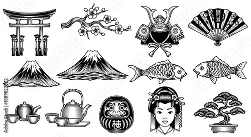 Japan Culture Symbols: Torii Gate, Fuji, Samurai Helmet, Geisha, Bonsai, Koi Fish