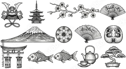 Japan Culture Icons: Samurai Helmet, Fuji Mountain, Pagoda, Koi Fish, Bonsai, Fan