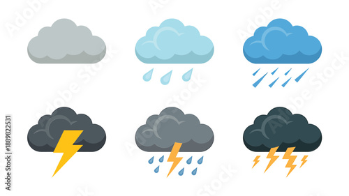 A collection of flat design weather icons depicting various atmospheric conditions