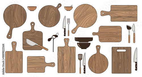 Kitchen Utensils Collection: Wooden Cutting Boards, Knives, Bowls, and Spatulas