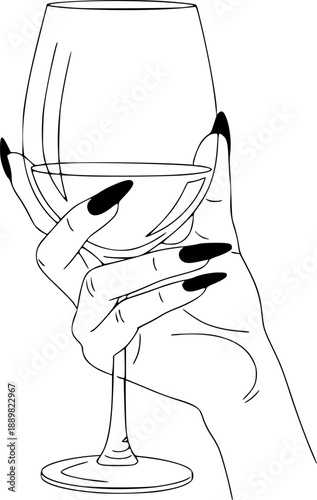 Elegant Hand Holding Wine Glass Line Art Vector