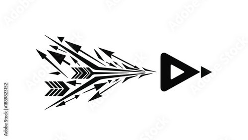 Dynamic arrow cluster converges into a forward-moving play button icon