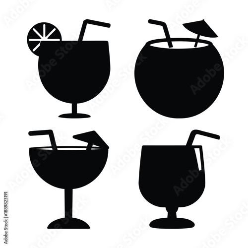 Collection of silhouette icons depicting various summer cocktails and tropical drinks with garnishes