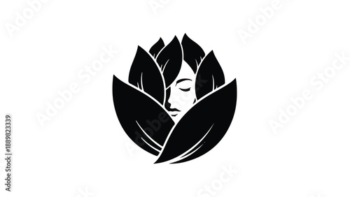 Serene face emerges from blooming black petals, symbolizing beauty, growth, and inner peace.