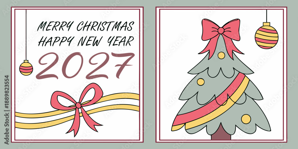 Naklejka premium Merry Christmas and Happy New Year 2027 Greeting Card – Festive Holiday Tree, Bow & Seasonal Celebration Artwork