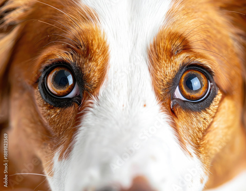 Close-up of a dog's face, focusing on its warm, brown eyes, with white and reddish fur