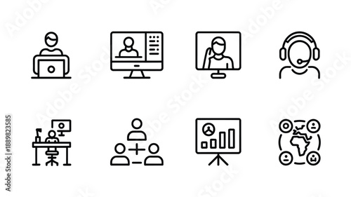 Collection of minimalist line icons depicting remote work and virtual communication