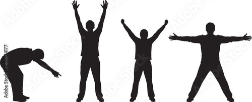 Set of male silhouettes in various expressive poses including arms raised in victory success and reaching out isolated on white background for achievement concepts