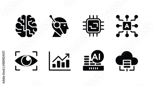 Artificial intelligence icons depicting brains robots data and machine learning concepts