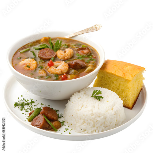 Delicious gumbo with shrimp and sausage isolated on transparent background