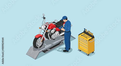 Mechanic in blue overalls working on a red motorcycle with a yellow toolbox nearby on a gray platform