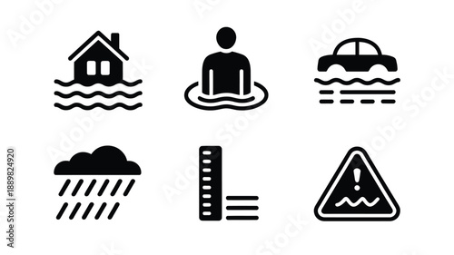 Simple black icons depicting flooding weather and warning signs