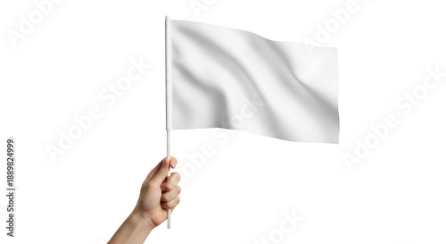 Hand holding a small waving white blank flag for mockup. Isolated on transparent background, png