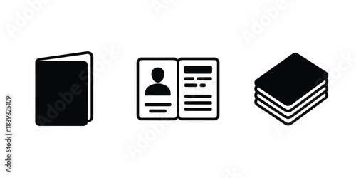Simple black icons depicting a closed book open passport and stacked papers