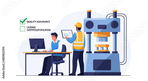 Illustration of two industrial workers collaborating with a computer and machinery in a factory setting with a clean and professional mood.