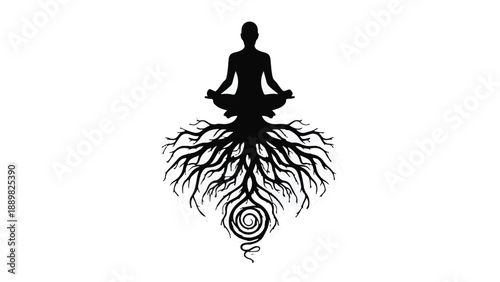 Silhouette of person meditating, grounded by intricate tree roots symbolizing connection and balance.