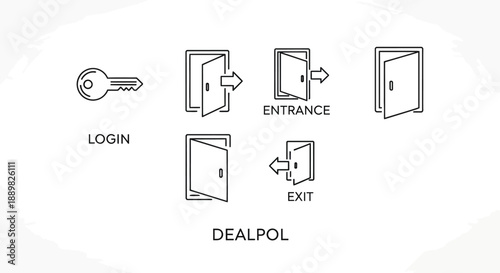 Conceptual illustration presenting login process, entrance, and exit with simple door icons