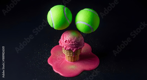 Whimsical Composition of Tennis Balls and Melting Ice Cream Cone on Black Background