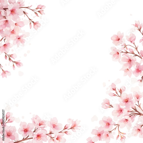 Watercolor Cherry Blossom Floral Frame on White Background