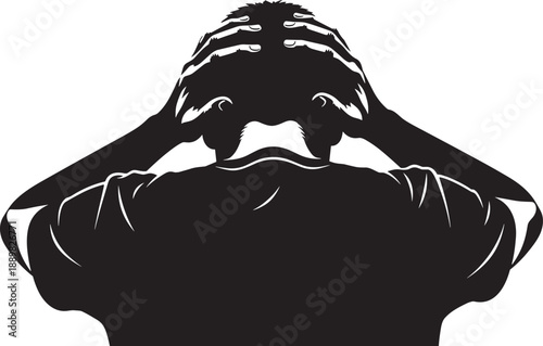 Silhouette of a man from behind holding his head in his hands expressing deep stress headache frustration and mental health despair isolated on white.