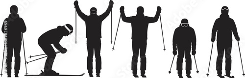 Large set of black silhouettes showing professional skiers in various poses including standing downhill skiing and celebrating with raised poles isolated on white background.